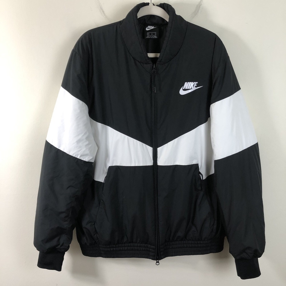 Nike Stand Collar Stay Warm Sports Swoosh Bomber Jacket Coat Mens XL Black White